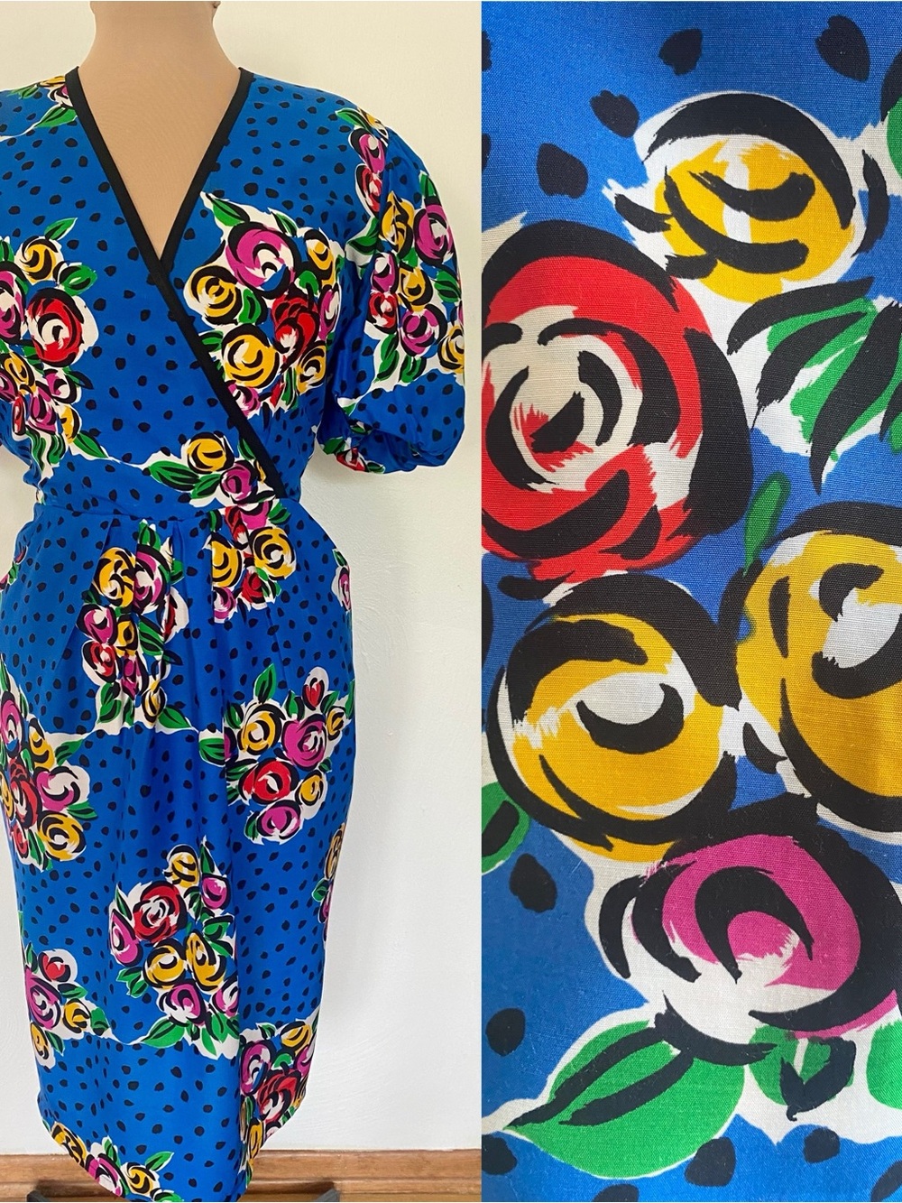 Vintage 80s KWAI Polka Dot Dress *Size 8* Blue Floral Pop Art Faux Wrap Dress